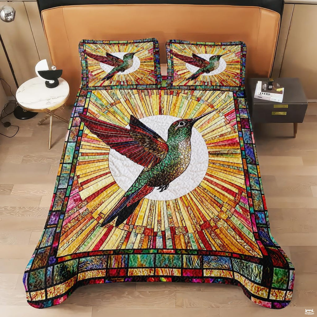 Overhead bed view with hummingbird and warm stained glass style rays