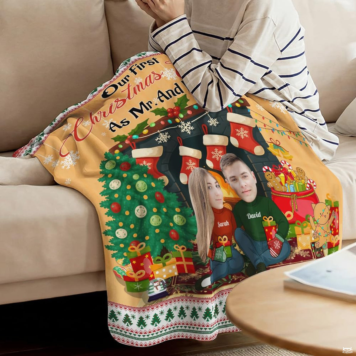 Couple Christmas graphic blanket spread flat on floor area