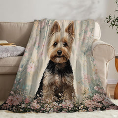 Bedroom styling with Yorkshire Terrier floral dog bed medium motif and thematic accent beige watercolor wash decor.
