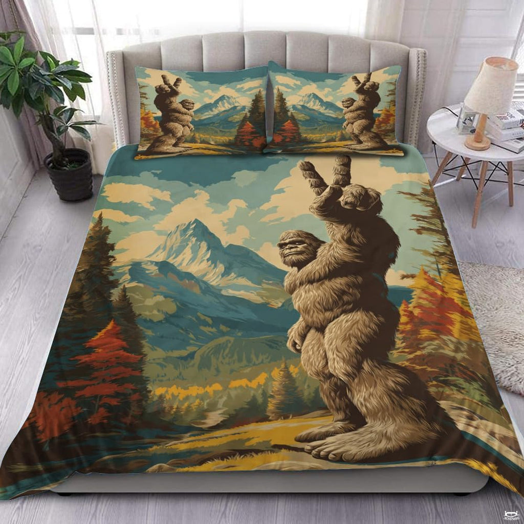 Slate teal bigfoot silhouette bedding set showing a cryptid sasquatch walking across cool sage and teal horizon bands.