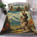 Slate teal bigfoot silhouette bedding set showing a cryptid sasquatch walking across cool sage and teal horizon bands.