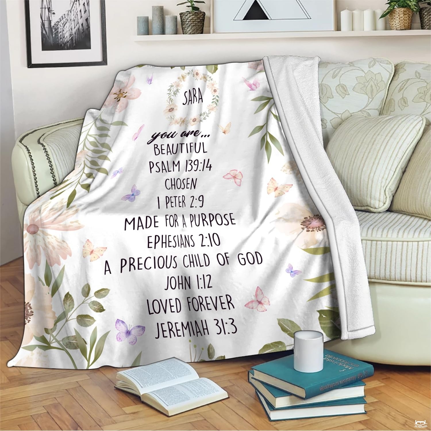 Custom Floral Butterfly Inspirational Blanket, Machine Washable