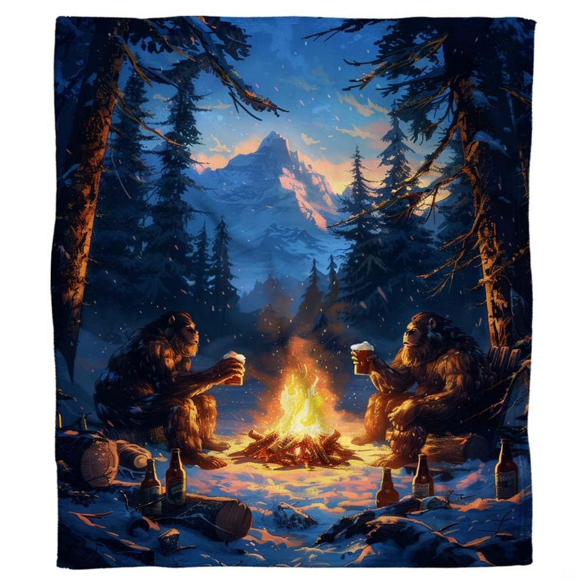 Two Bigfoot creatures drinking beer around a snowy campfire in pine forest, view 7.