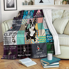 Boston Terrier dog throw blanket view 2 highlighting playful puppy illustrations and colorful pattern panels