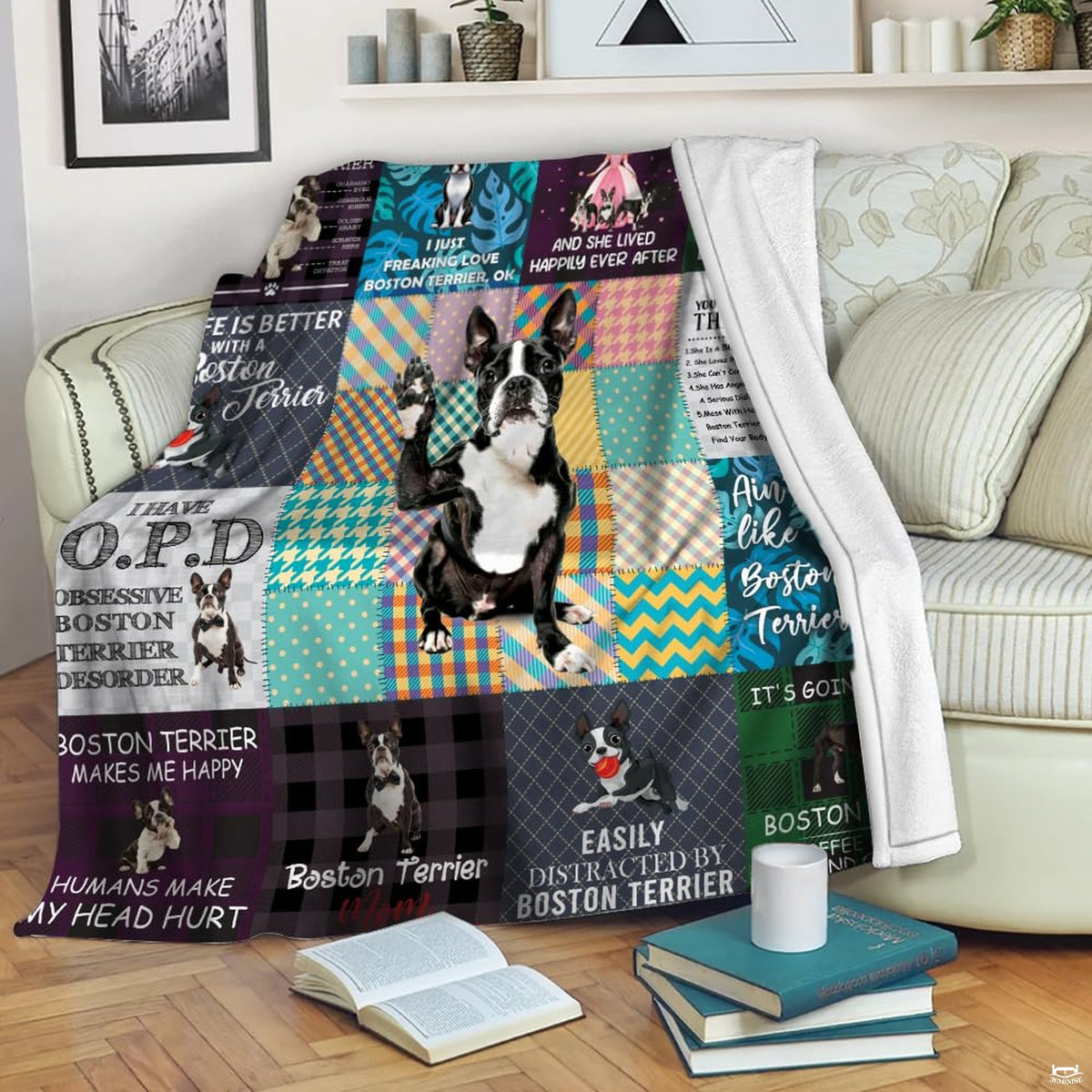 Boston Terrier dog throw blanket view 2 highlighting playful puppy illustrations and colorful pattern panels