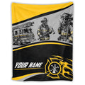 Firefighter sketch illustrations, aerial ladder truck, and flaming Maltese cross graphic on Blanket.