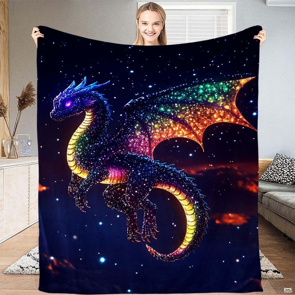 Feature graphic outlining print clarity, durable finish, and colorfast tones of celestial dragon throw blanket