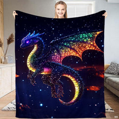 Feature graphic outlining print clarity, durable finish, and colorfast tones of celestial dragon throw blanket