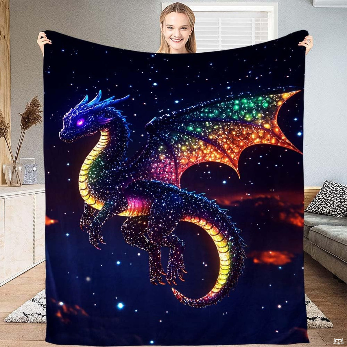 Feature graphic outlining print clarity, durable finish, and colorfast tones of celestial dragon throw blanket