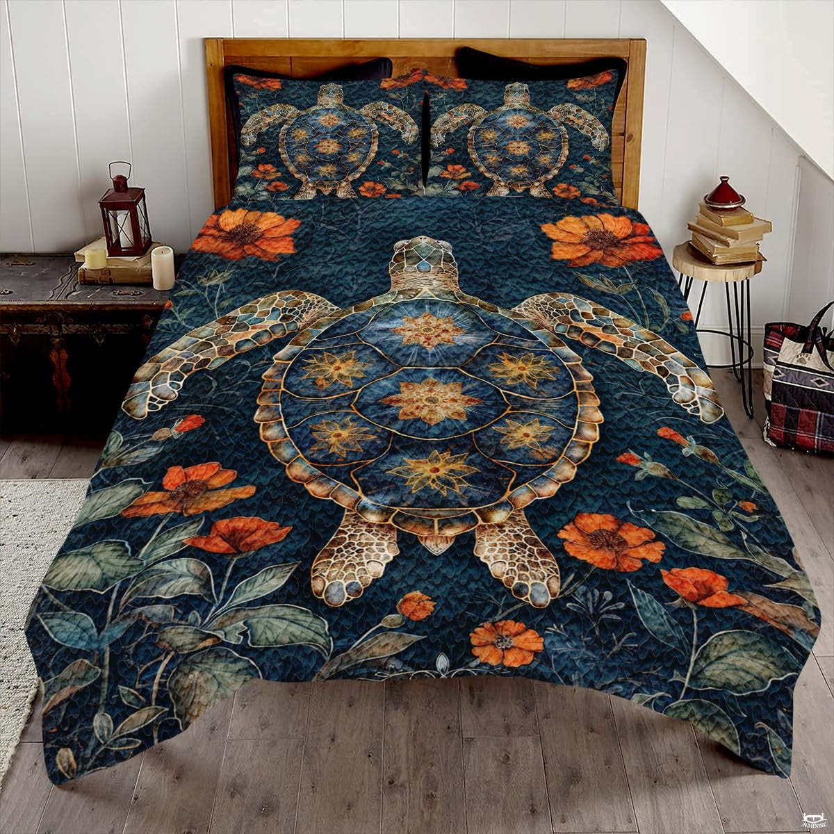 Terracotta ocean sea turtle Polynesian bedding set displayed neatly on a bed in a coastal bedroom