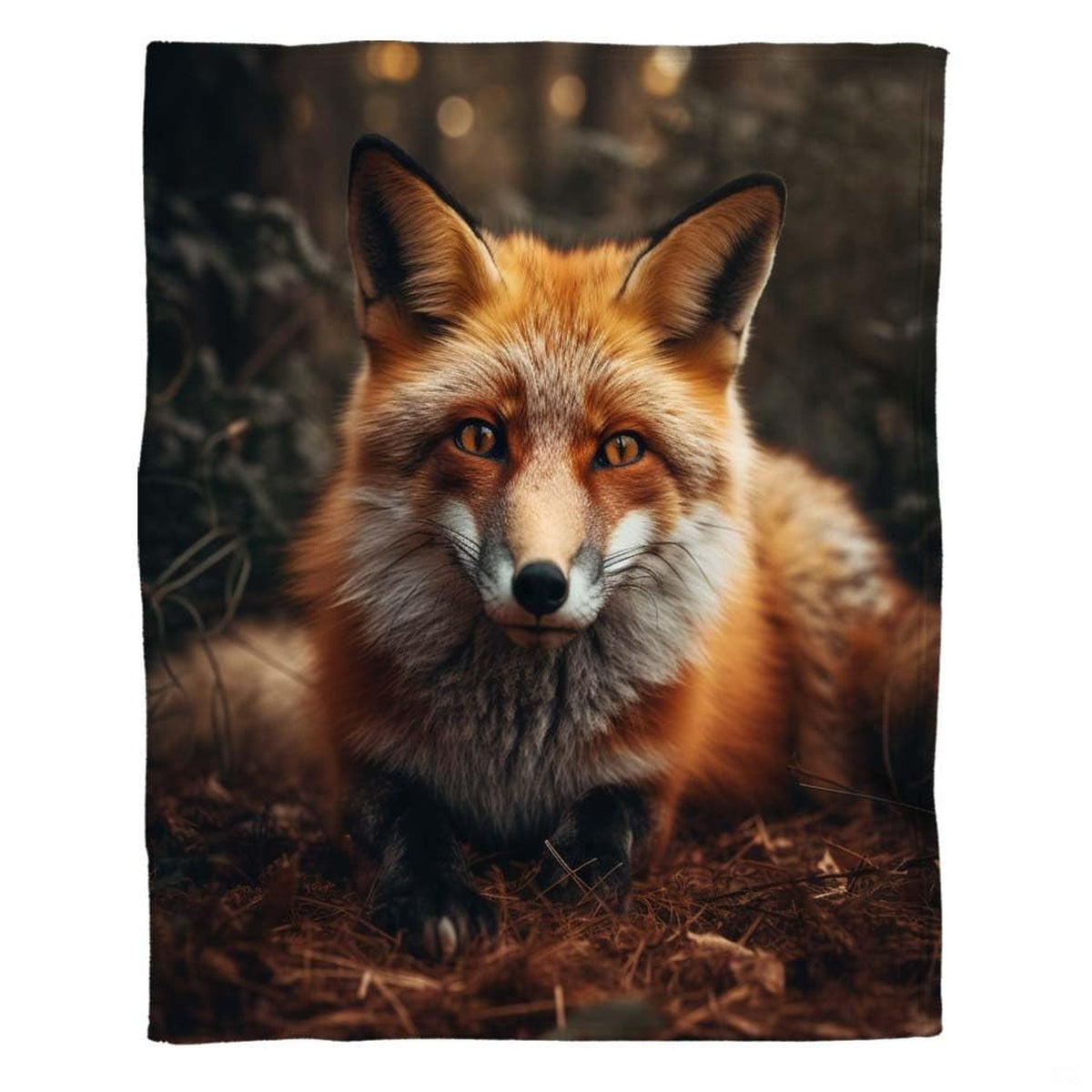 Close-up view of realistic red fox facial artwork showing amber eyes on bedding set.