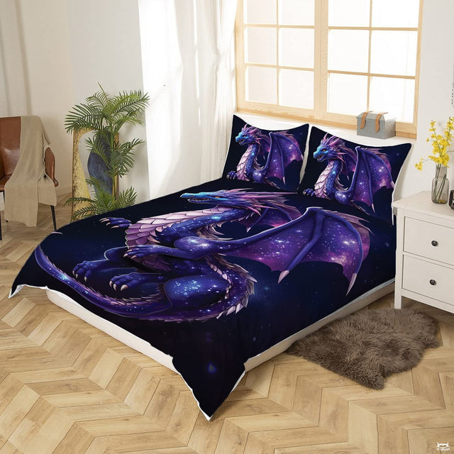 Fantasy dragon visual motif with glowing cyan accents ideal for modern bedroom design.