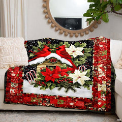 Rustic lodge inspired bedding motif showing scarlet birds in a starry winter scene.