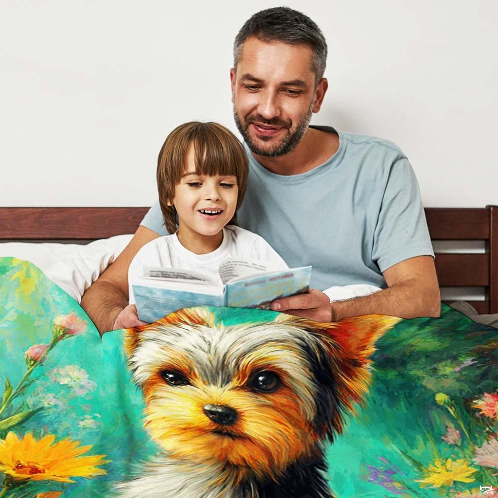 Vibrant turquoise botanical bedroom decor with Yorkshire terrier floral motif