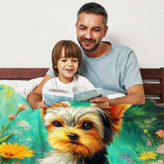 Vibrant turquoise botanical bedroom decor with Yorkshire terrier floral motif