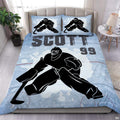 Steel blue ice hockey goalie sports bedding set featuring imposing goalkeeper graphics and scattering ice shards