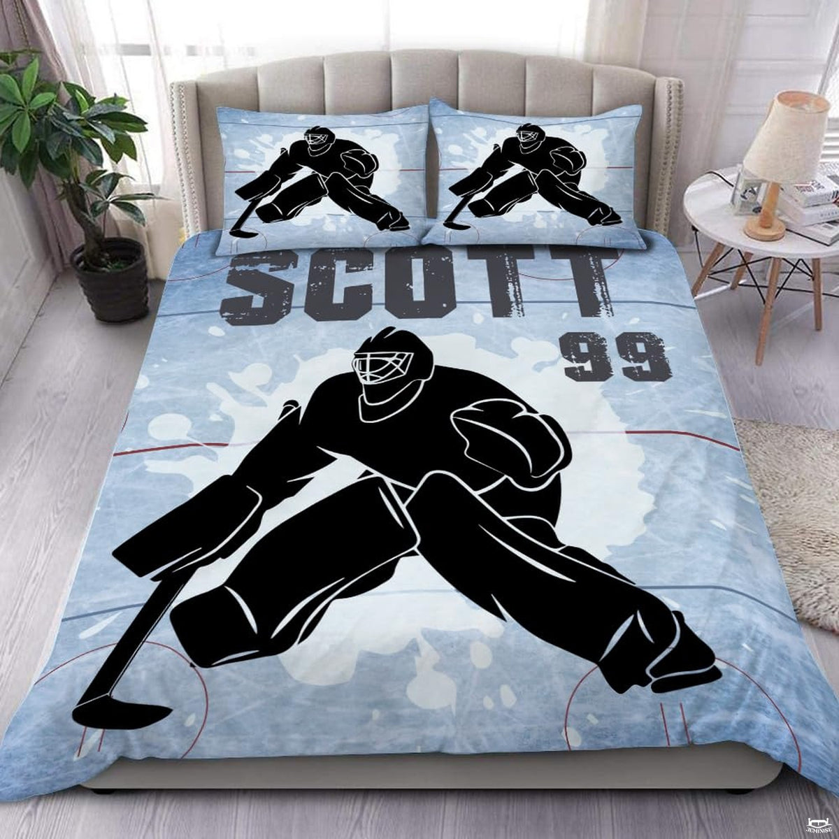 Steel blue ice hockey goalie sports bedding set featuring imposing goalkeeper graphics and scattering ice shards