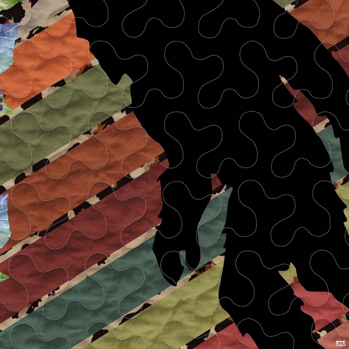 Close-up perspective of Bigfoot bedding detailing terracotta cheetah spots, sage accents, and silhouette edges