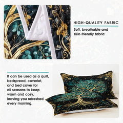 Fantasy Nature Tree of Life Quilt Set with Entwined Golden Roots And Bedroom Setting