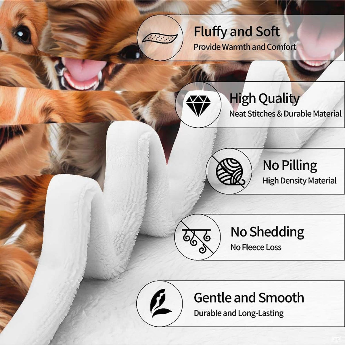 Angled perspective of vibrant canine face artwork adorning decorative bedding in a sunlit bedroom setting.