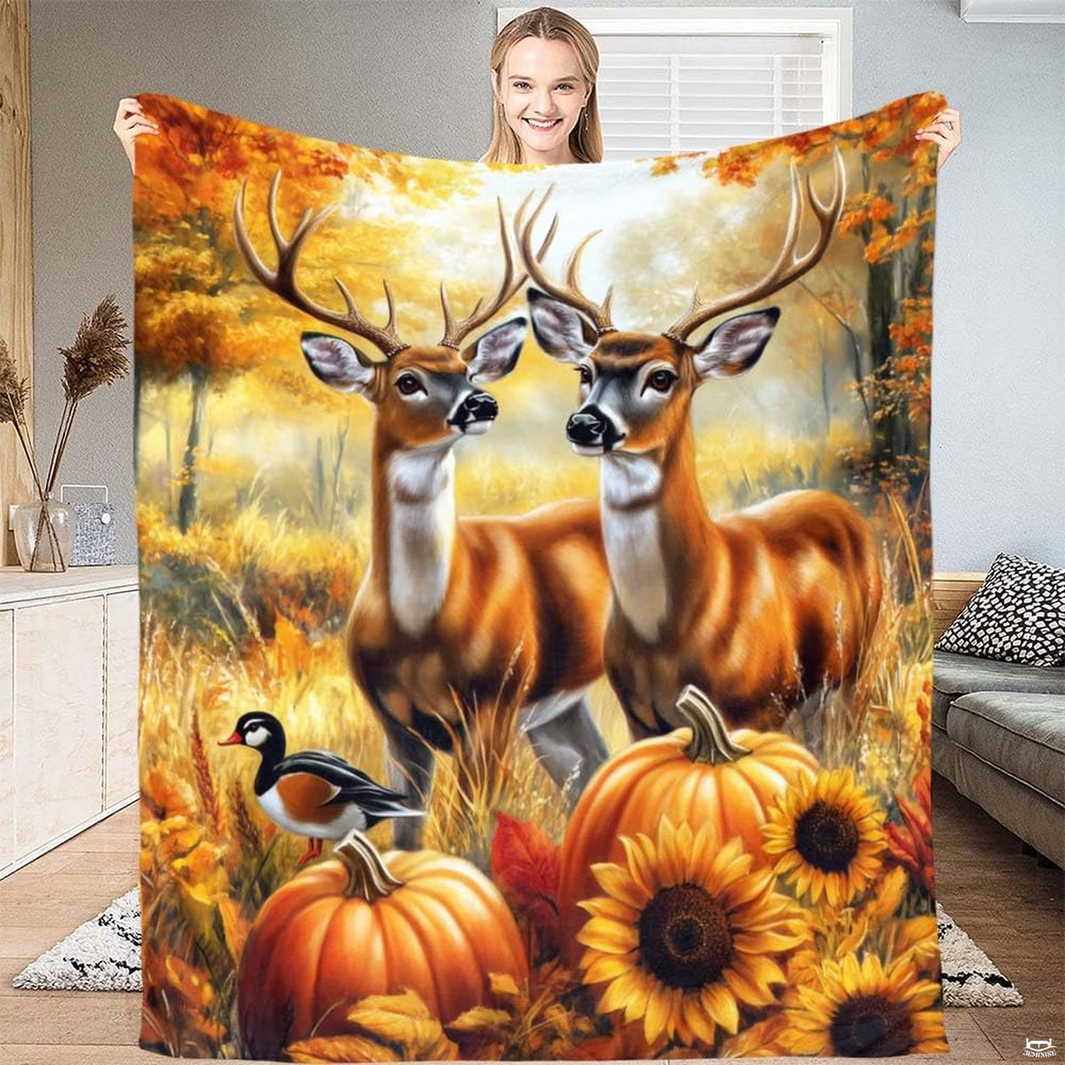 Scenic French country bedding sets for sale showcasing whitetail deer, pumpkins, and blooming sunflowers.