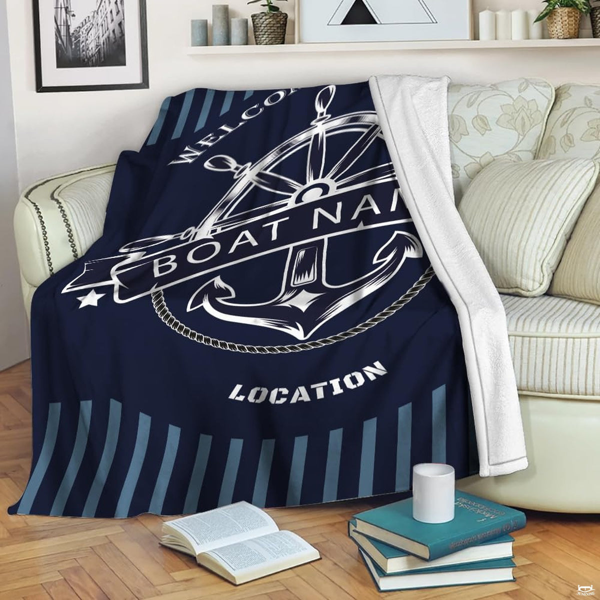 Nautical ship steering helm and anchor illustration on navy blue, view 3.