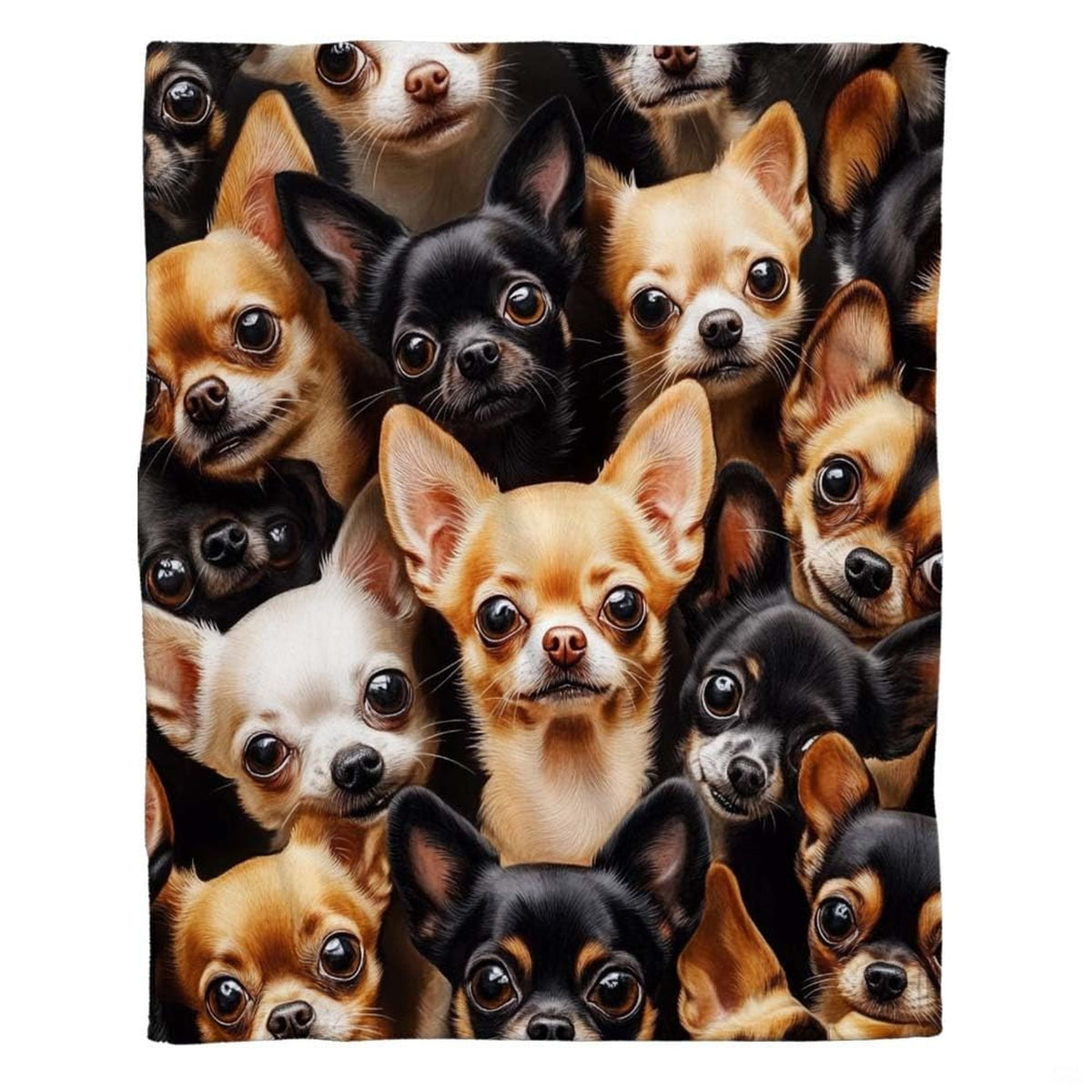 Expressive Chihuahua bedding showcasing crowded dog portraits in tan, cream, and brown.
