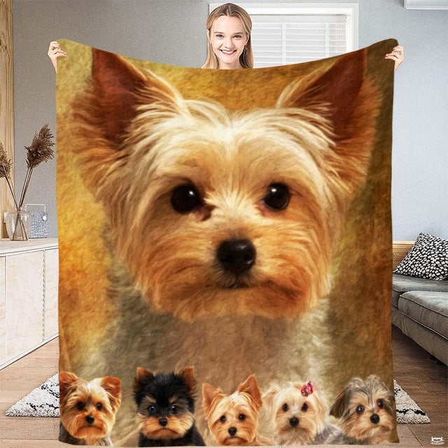 Cute Yorkshire Terrier dog portrait throw blanket with five adorable puppies along the bottom against golden background