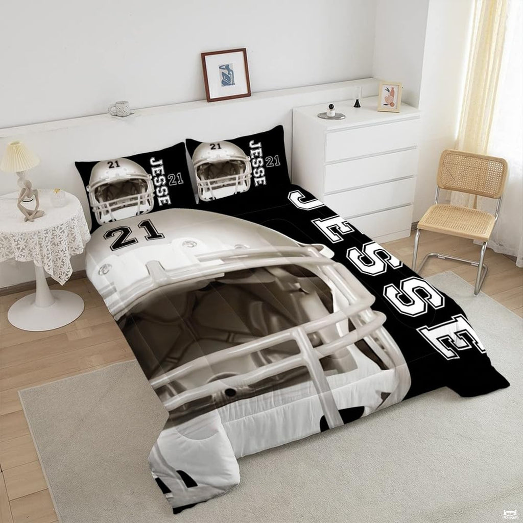 Close-up perspective of soccer bedding detailing luminous silver gradients, player silhouette, and typography
