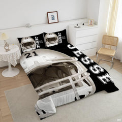 Close-up perspective of soccer bedding detailing luminous silver gradients, player silhouette, and typography
