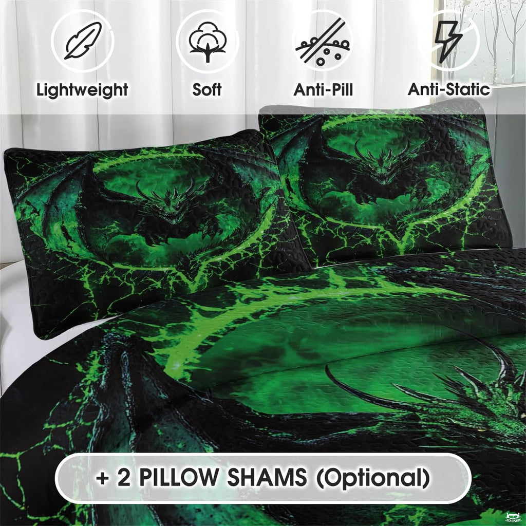 Full bedroom display of emerald lava dragon bedding styled with volcanic fantasy room decor accents