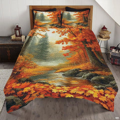 Scenic autumn road and forest bedding set featuring picturesque country lanes and flame tangerine trees