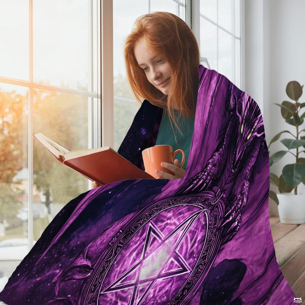 Mystic violet dragon and pentagram star print in bedroom decor setting