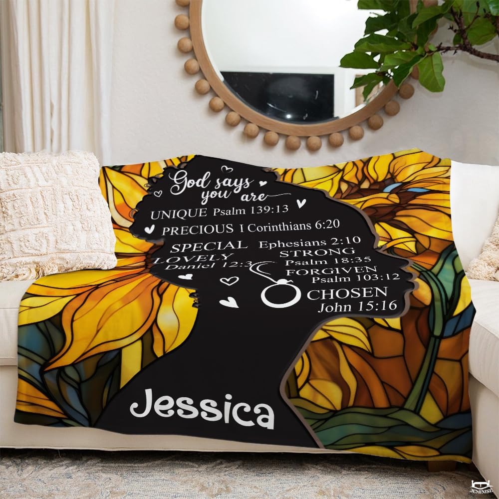 Personalized Sunflower Christian Blanket with Bible Verses – Custom Name Faith Gift for Her
