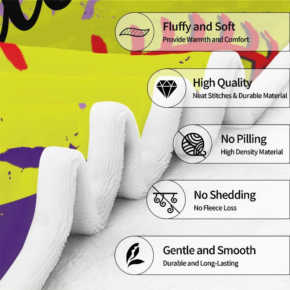 Feature graphic outlining print clarity, durable finish, and colorfast tones of purple softball throw blanket