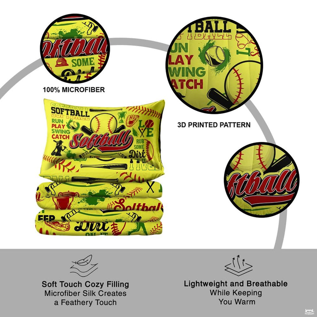 Detail angle of curved red ball laces and vibrant athletic typography on chartreuse sports bedding