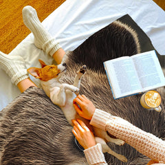 Side angle view of nature-themed grizzly bear bedding design enhancing a thematic accent earth-toned bedroom interior