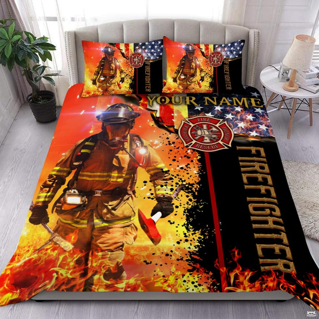 Flame-lit emergency responder in protective gear over patriotic graphics in a bedroom display