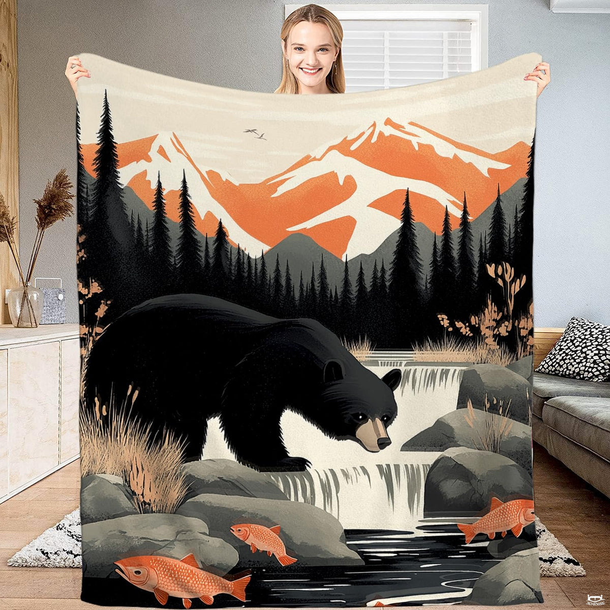 Rustic black bear mountain river throw blanket featuring black bear fishing by waterfalls and alpine peaks