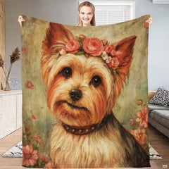 Yorkshire Terrier throw blanket featuring a sweet dog wearing a pink rose floral crown on textured sage background