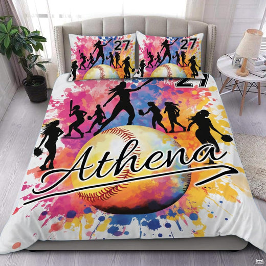 Athletic softball diamond field sports bedding set displayed neatly on a bed in a youth sports bedroom