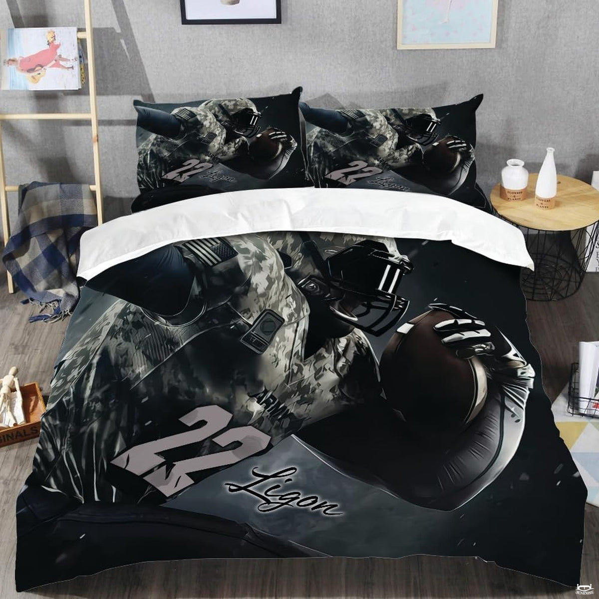 Close-up perspective of sports bedding detailing textured football lacing and athletic collegiate typography