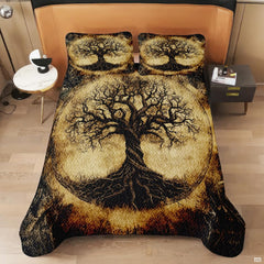 Overhead view of vintage parchment Tree of Life bedding styled neatly across an arranged wooden bedroom bed