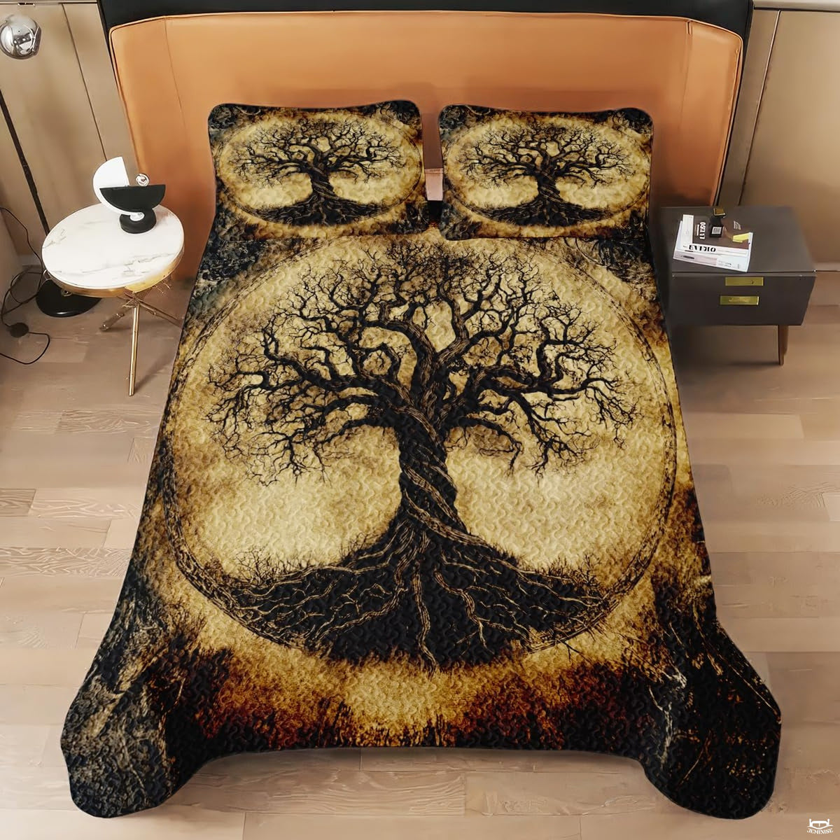 Overhead view of vintage parchment Tree of Life bedding styled neatly across an arranged wooden bedroom bed