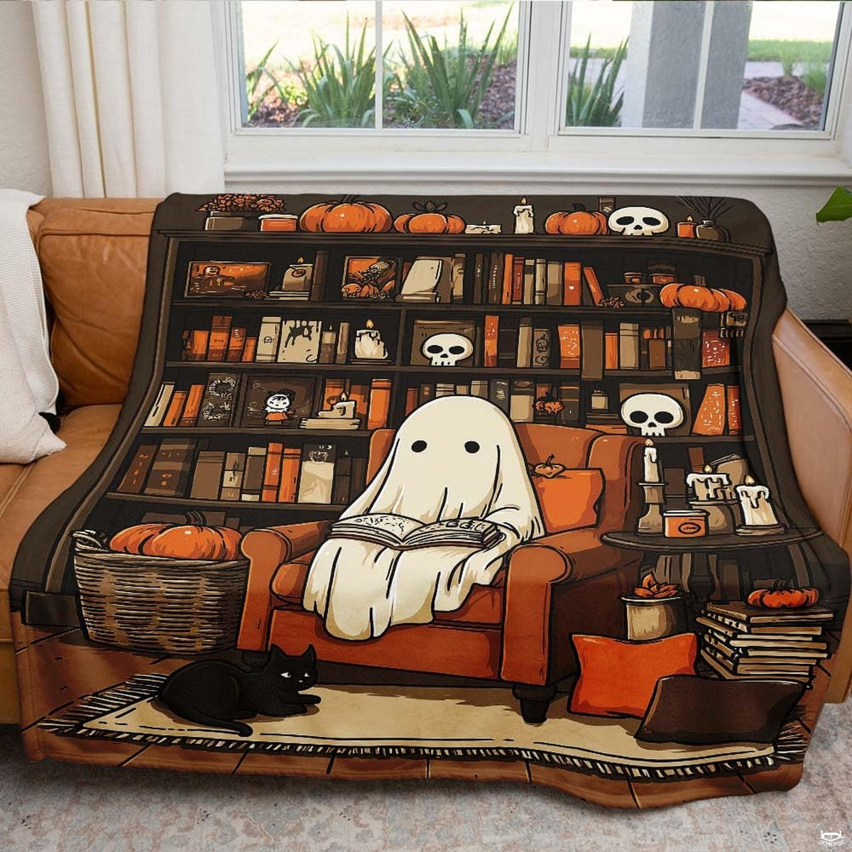 Detail of gothic bookshelves, mini skulls, and glowing candles in autumn ghost bedding design.
