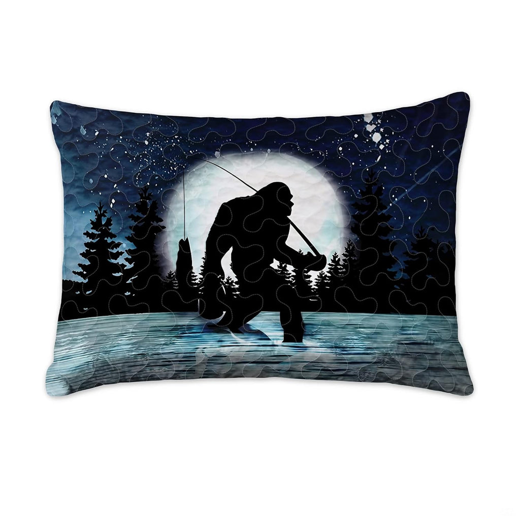 Matching pillowcase detail for night scene bedding set showcasing coordinating moonlit Bigfoot fishing art
