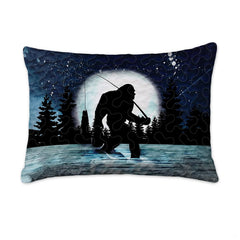 Matching pillowcase detail for night scene bedding set showcasing coordinating moonlit Bigfoot fishing art