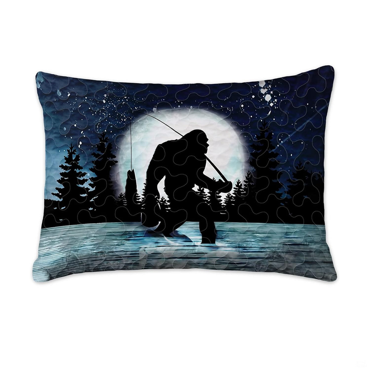 Matching pillowcase detail for night scene bedding set showcasing coordinating moonlit Bigfoot fishing art