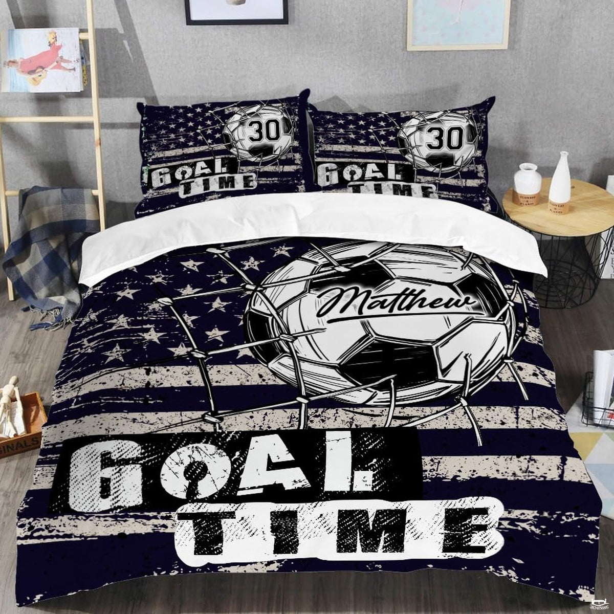 Close-up perspective of soccer bedding detailing goal net twine, ball pentagons, and collegiate typography
