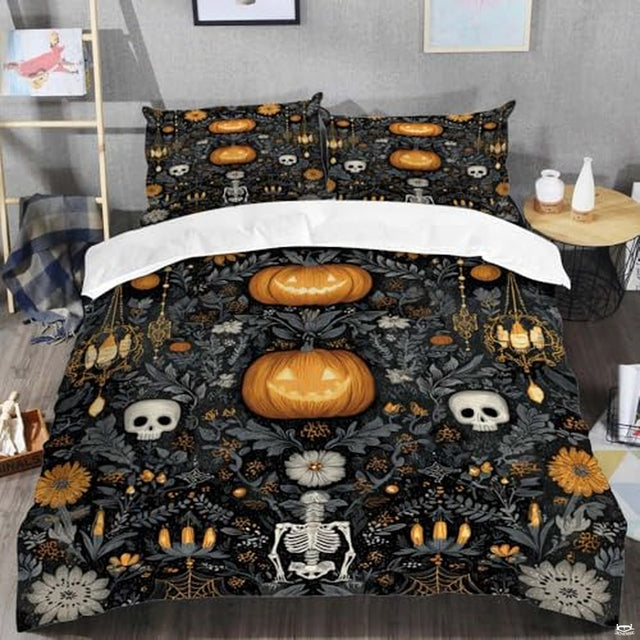 Angled bedroom setup showing bed styled with Victorian gothic Halloween bedding.